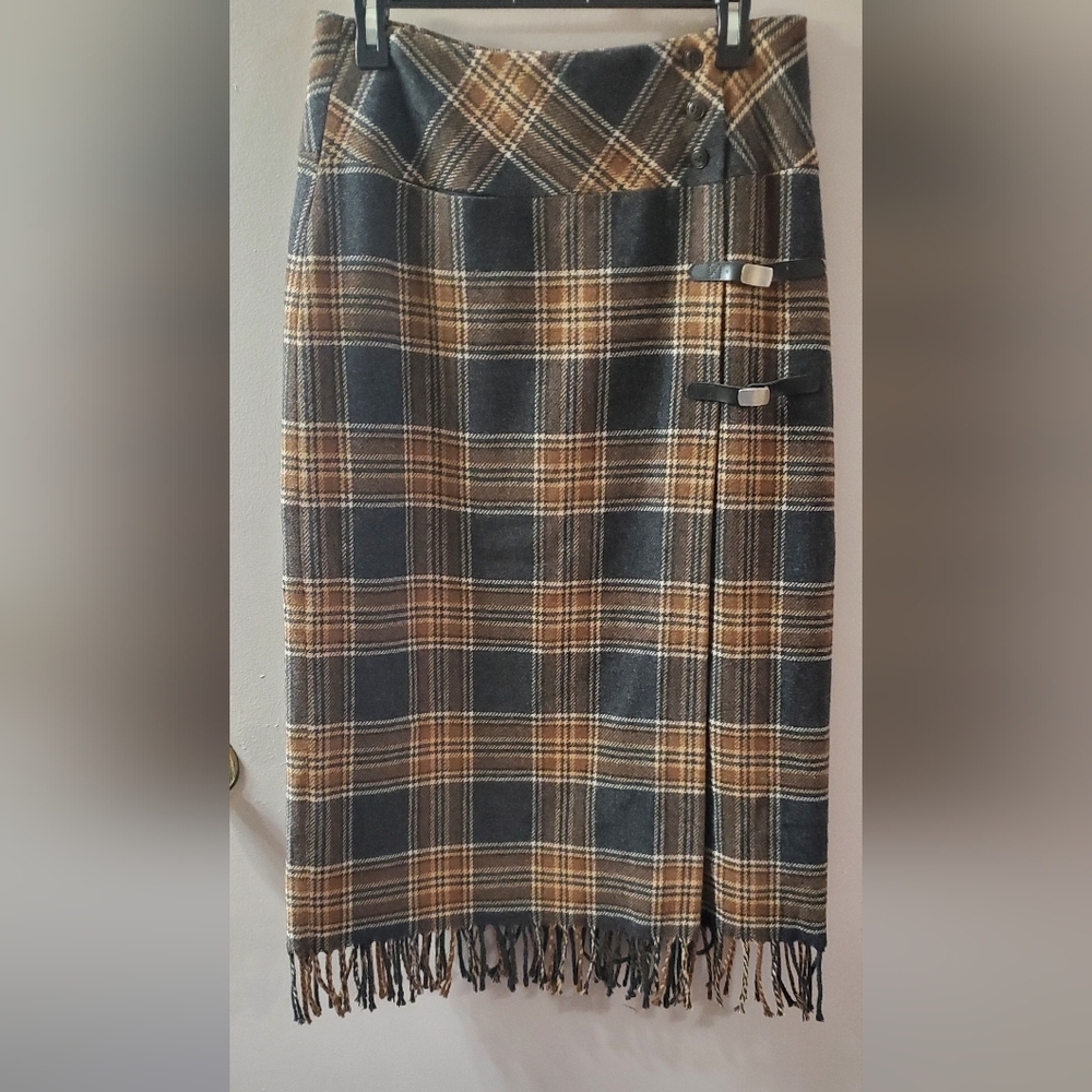 David N Vintage 80's Chic 70% Wool Blend Plaid Pencil Skirt with Fringe. Sz 8